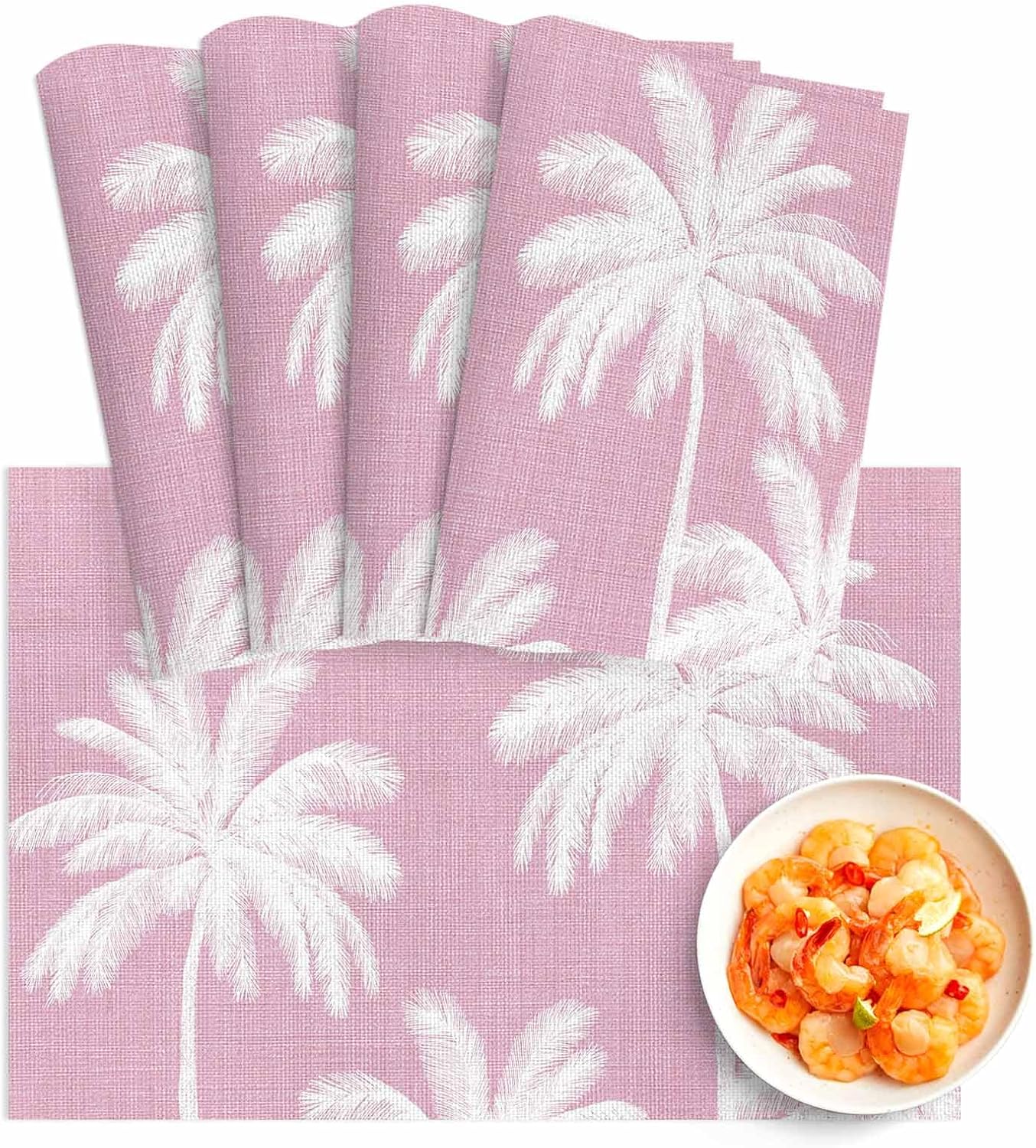 Peach Pink Palm Tree Placemats Set of 4, Washable PVC Kitchen Table Mats Place Mats, Summer Botancial Tropical Farmhouse Woven Vinyl Placemat for Dining Table, 13" x 19"