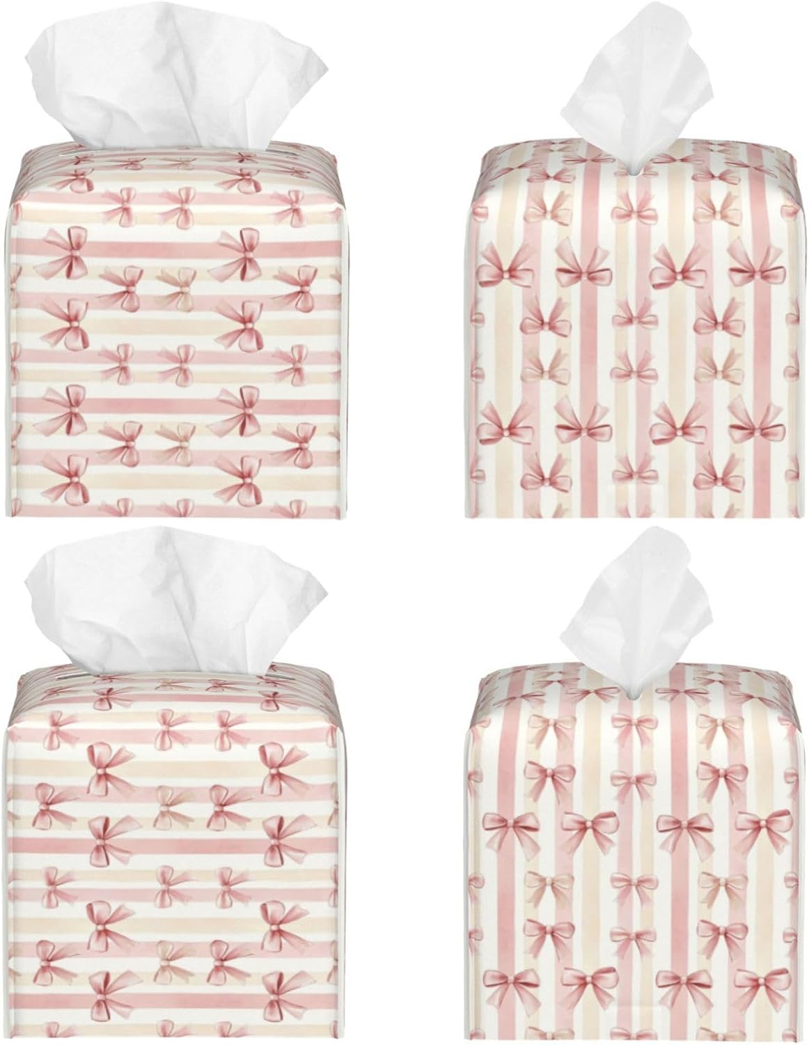 Pink Ribbon Bow Striped Tissue Box Cover Square Tissues Boxes Decorative Facial Paper Organizer for Friends, Home Nightstands Bathroom Table Decor