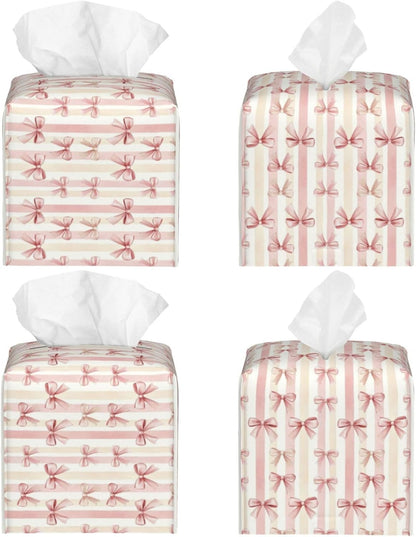 Pink Ribbon Bow Striped Tissue Box Cover Square Tissues Boxes Decorative Facial Paper Organizer for Friends, Home Nightstands Bathroom Table Decor