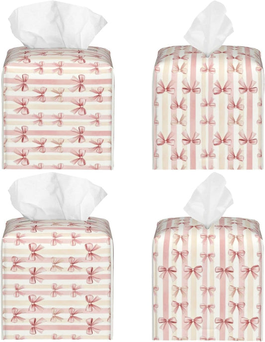 Pink Ribbon Bow Striped Tissue Box Cover Square Tissues Boxes Decorative Facial Paper Organizer for Friends, Home Nightstands Bathroom Table Decor