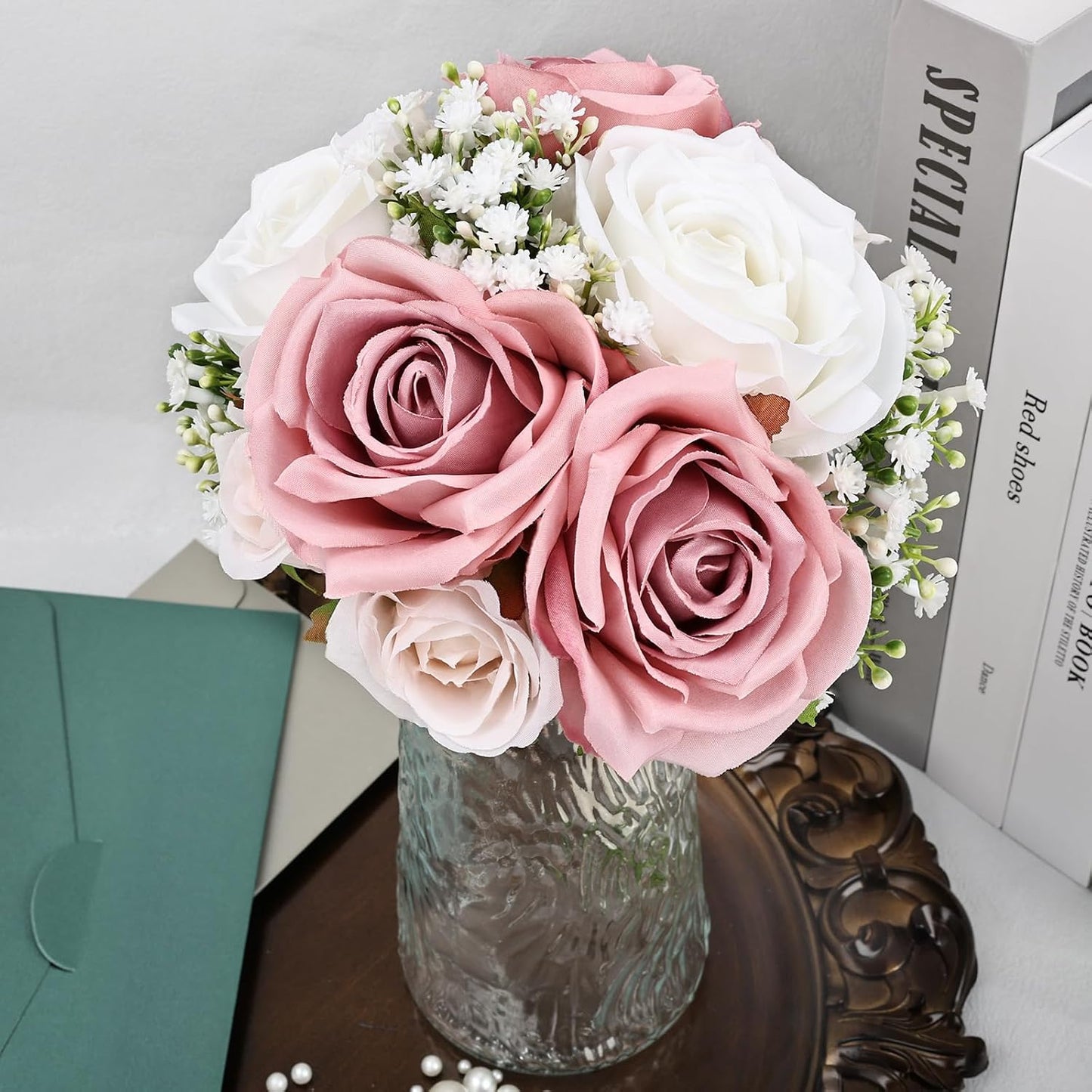 Wedding Bridesmaid Bouquets Set of 2, Artificial Silk Flowers Arrangement for Ceremony Marriage Proposal Party Anniversary Decorations - Dusty Pink & White