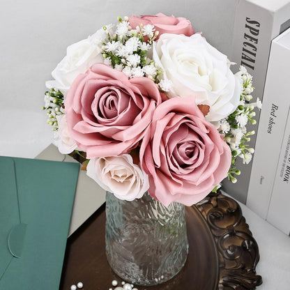 Wedding Bridesmaid Bouquets Set of 2, Artificial Silk Flowers Arrangement for Ceremony Marriage Proposal Party Anniversary Decorations - Dusty Pink & White