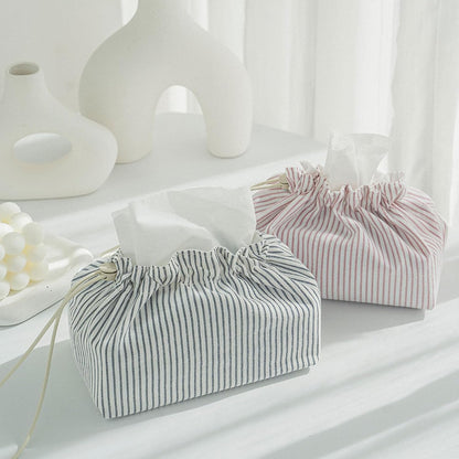 Fabric Tissue Box Cover with Handle, Pink Striped Cotton Tissue Holder for Home, Office, Bedroom, Car – Decorative Washable Tissue Case