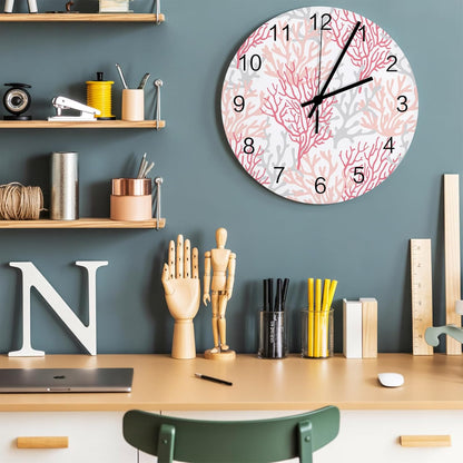 Summer Ocean Pink and Gray Coral Wall Clock Battery Operated Non-Ticking 12" Round Wood Clocks, Kitchen Wall Clock for School Bathroom Living Room Home Office Wall Decor