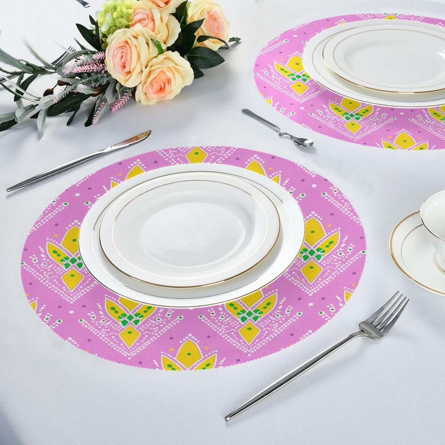 Yellow Peach Pattern rattan round placemats reusable chalkboard placemats pvc individuales para mesa de comedor elegantes 15.4x15.4in set of 6