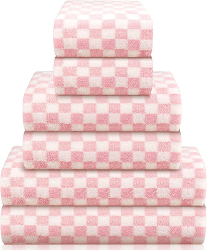 Kinlop 6 Pcs Checkered Bath Towels Set Coral Washcloth Soft Fleece Quick Dry Patterned Hand Towel for Bathroom Back to School Gym Spa Beach Accessories(Pink,Checkered)