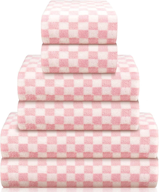 Kinlop 6 Pcs Checkered Bath Towels Set Coral Washcloth Soft Fleece Quick Dry Patterned Hand Towel for Bathroom Back to School Gym Spa Beach Accessories(Pink,Checkered)