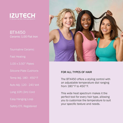 IZUTECH BTX450 1 Inch Tourmaline Ceramic Flat Iron Hair Straightener, Professional Salon Negative Ion Straightener with Adjustable Temperature for All Hair Types, Anti-Frizz High Shine, Pink