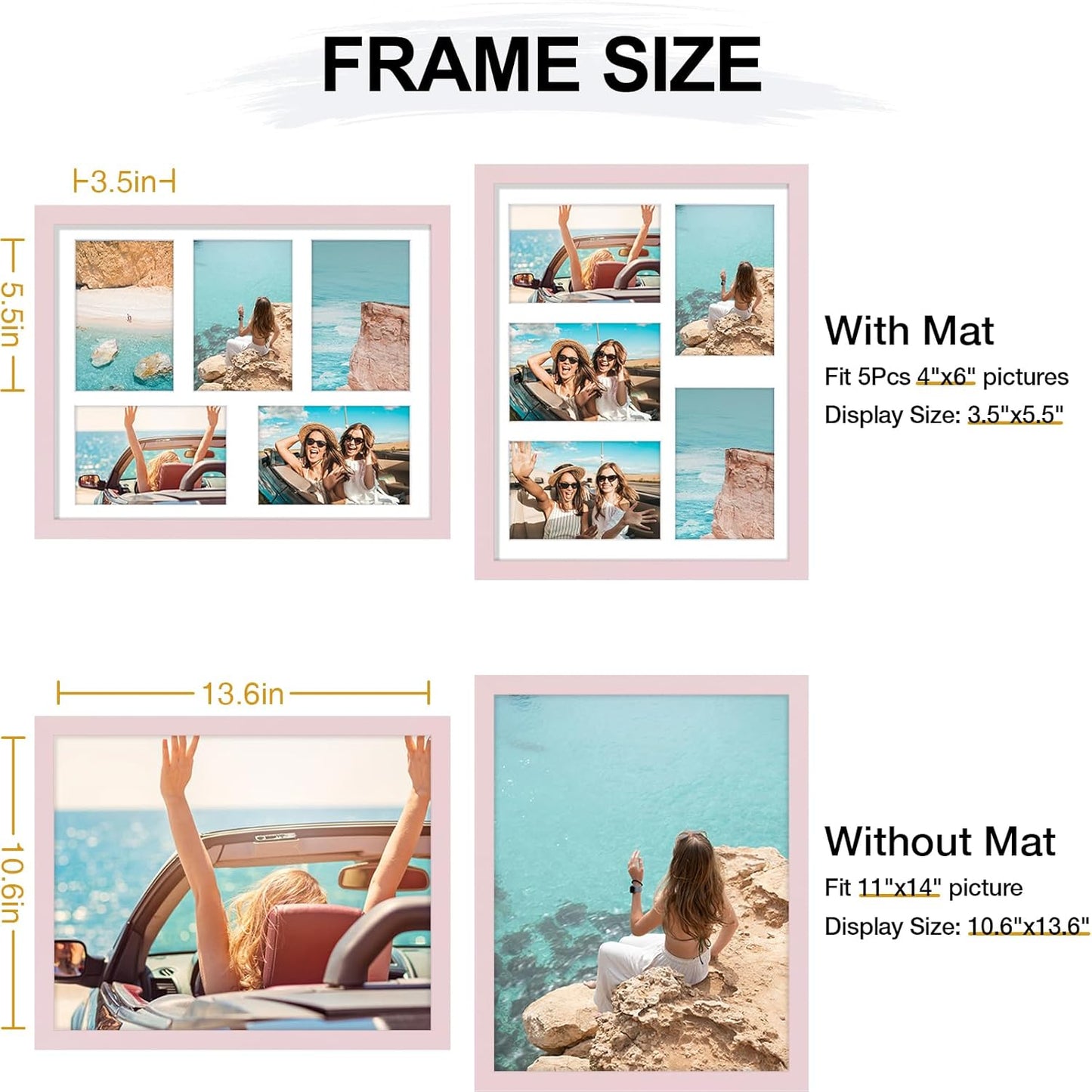 Vittanly 11x14 Collage Picture Frame, Displays 5Pcs 4x6 Pictures with Mat or 1Pc 11x14 without Mat for Wall Mounting, Picture Frames Collage Wall Decor in Pale Pink, 1 Pack