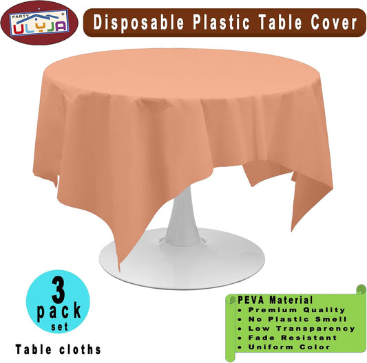 PARTY ULYJA Peach Tablecloths Plastic 3 Pack Premium 84 Inches Disposable Table Covers Decorative Table Cloths for Round Dinning Kitchen Tables