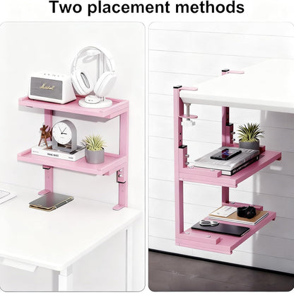Spacrea clamp on Desk Shelf, 2 Tier Office Desk Shelves Organizer, Wood Desktop Supplies Storage Rack, Desk Organizers and Accessories (Pink)