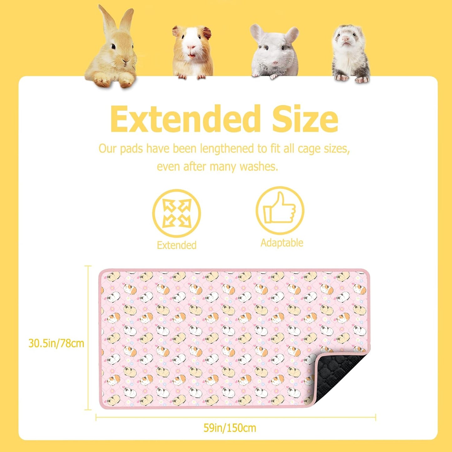 Guinea Pig Cage Liners, 59x31in 2 Pack Washable Guinea Pig Bedding, Waterproof Reusable & Anti Slip, Super Absorbent Guinea Pig Pee Pad for Small Animal, Rabbit, Bunny, Fit for C&C Cage, Pink