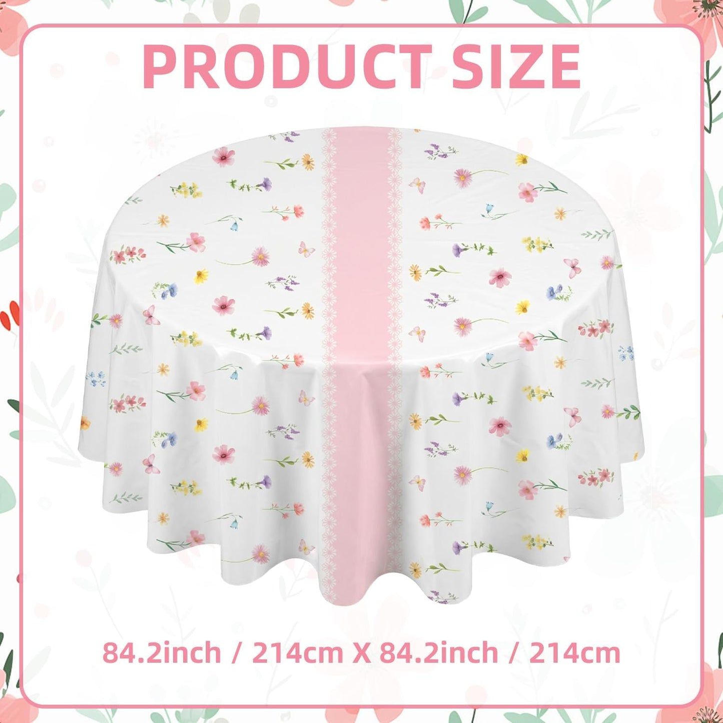 SpinLaLa 3-Piece 84 x 84 Inch Spring Floral Plastic Tablecloth – Round Disposable Flower Table Covers with Pink Stripe and Wildflower Designs for Spring Parties, Easter, Bridal Showers Celebrations