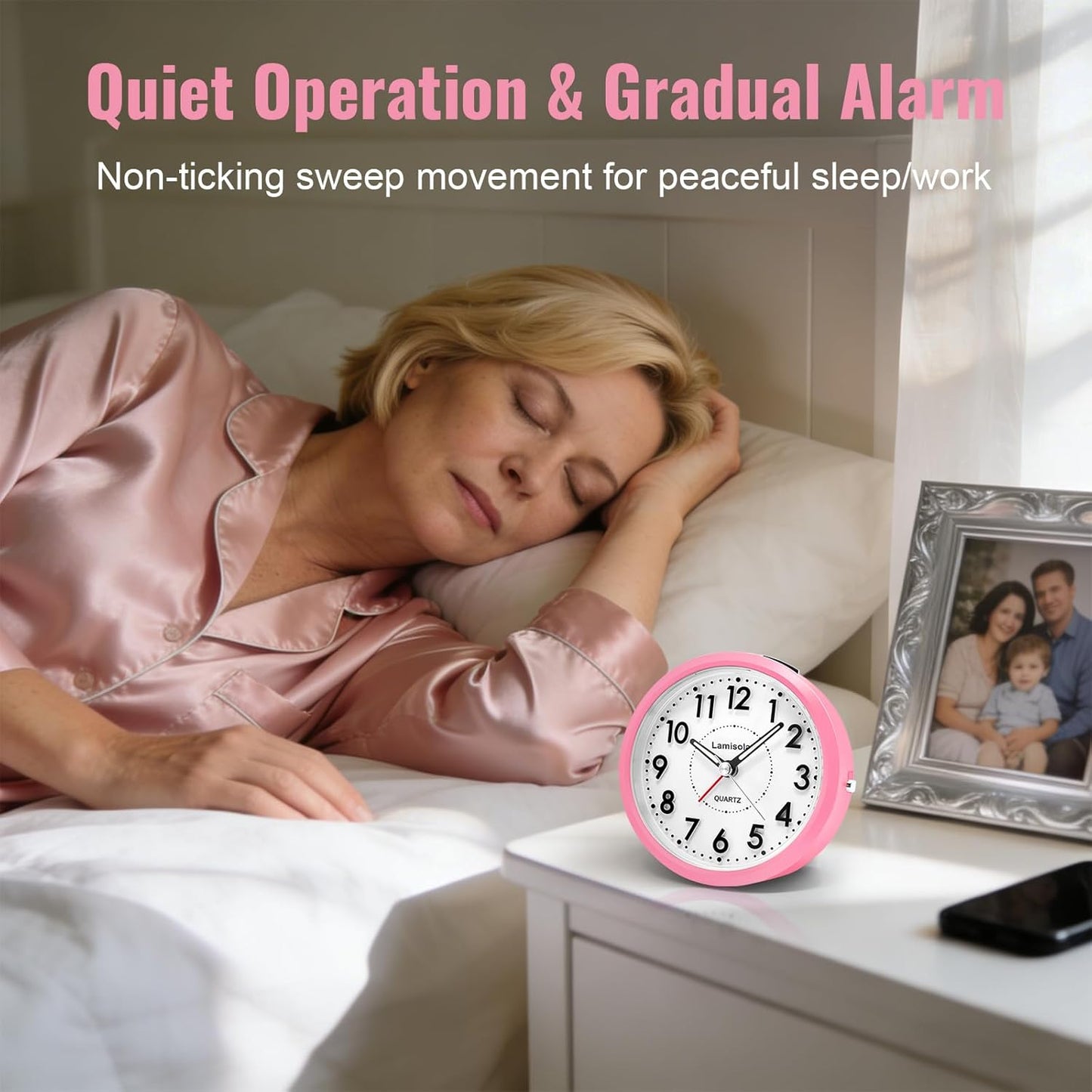 Lamisola Small Desk Clock, Battery Operated Travel Clock, Pink Analog Alarm Clock for Bedroom Home Office Bathroom Kitchen, Silent Large Display- Pink