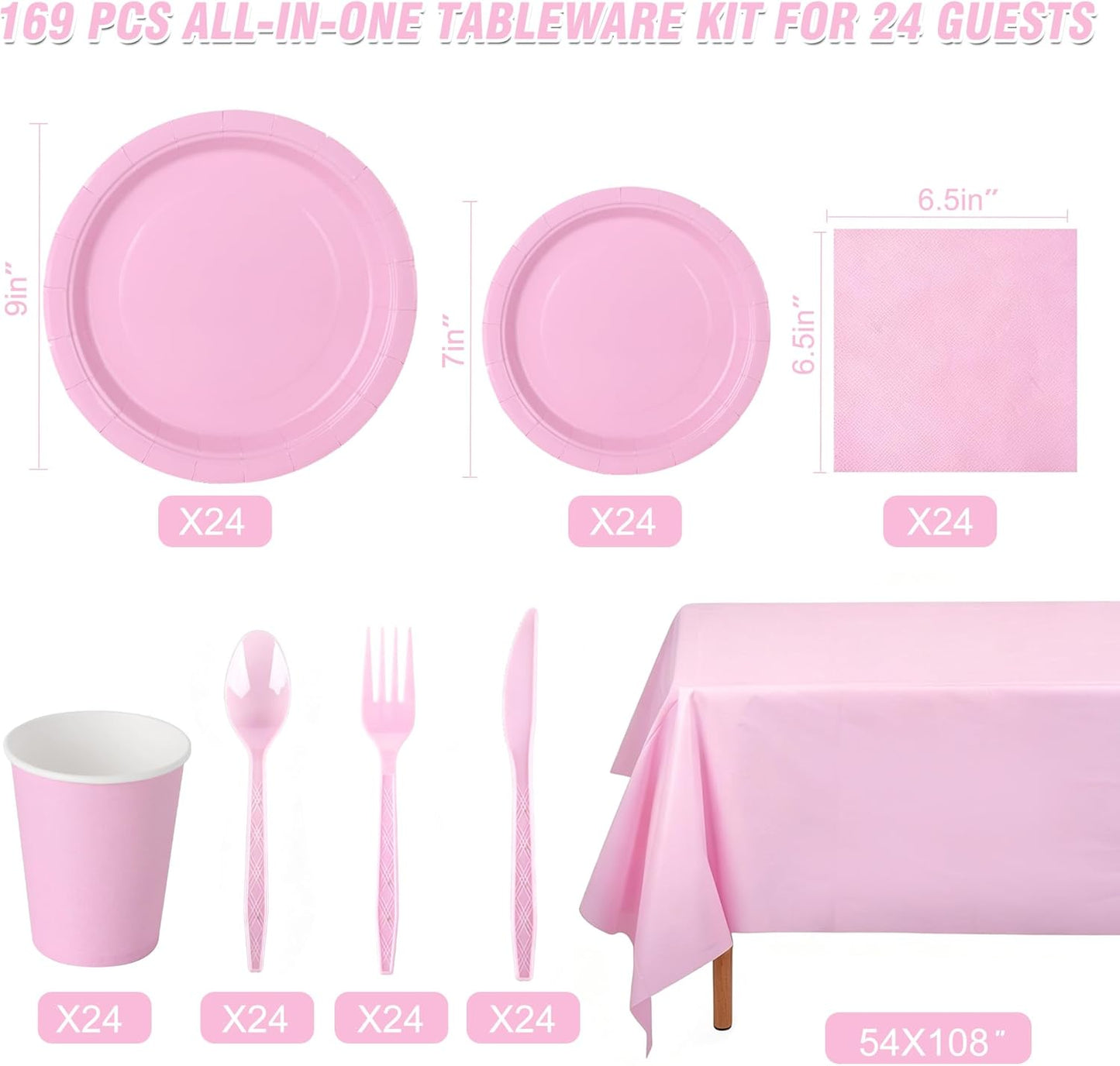 Pink Party Supplies for 24 Guests, 169 PCS Light Pink Disposable Tableware Set, 7 Inch & 9 Inch Paper Plates, 9 oz Cups, 13 x 13 Inch Napkins, Plastic Cutlery and 54 x 108 Inch Tablecloth