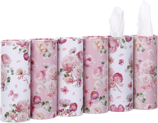 Ctosree 6pk 50 Sheets Car Tissues Holder with Facial Tissues 3-ply Travel Tissue Tubes Box Container Fit for Car Cup Holder Floral Cylinder, 7.1 Inch(Pink,White)