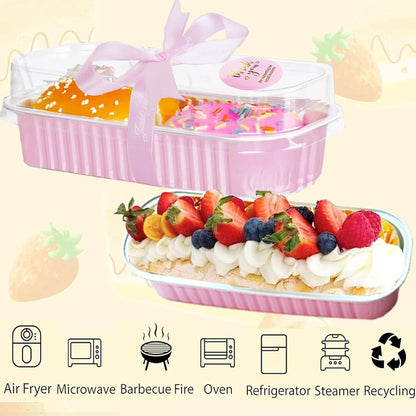 50 Pack Mini Loaf Pans with Lids and Spoons, 6.8 Oz Mini Cake Pans with Lids for Baking,Pink Disposable Rectangle Aluminum Foil Loaf Pan with Ribbon Stickers，Small Cake Containers Tin（Pink）