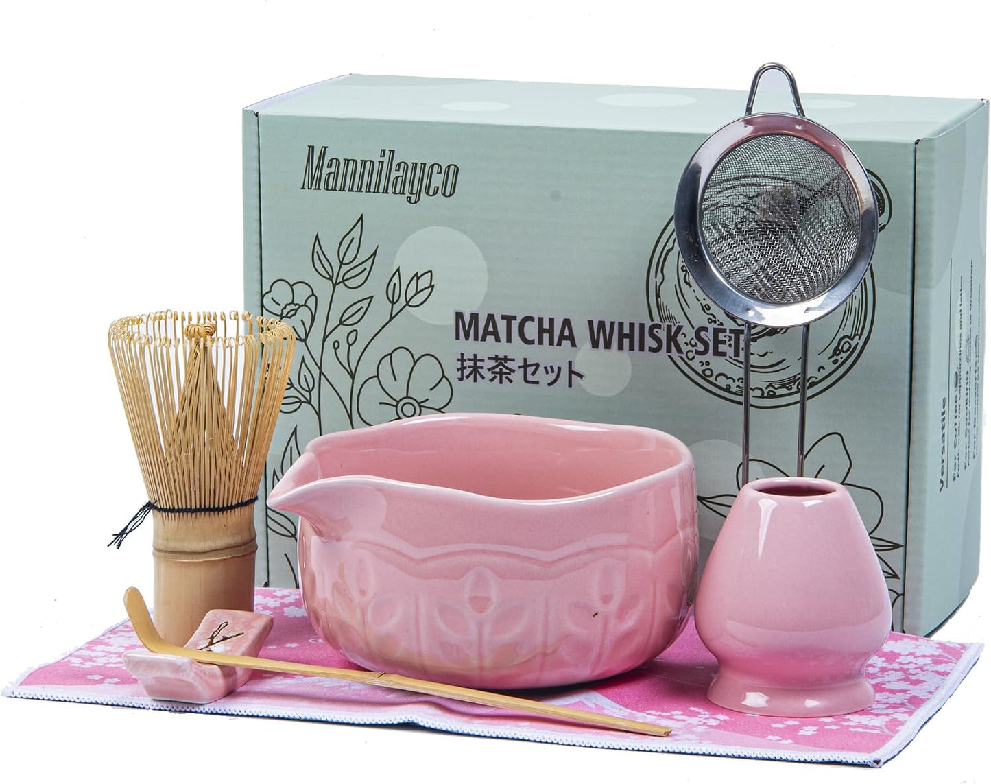Matcha Whisk Bowl Set, 7PCS Japanese Matcha Kit with Spout Bowl (Pink) Bamboo Whisk Stand Scoop Sifter Accessories for Tea Ceremony Latte, Gifts for Family,Friends