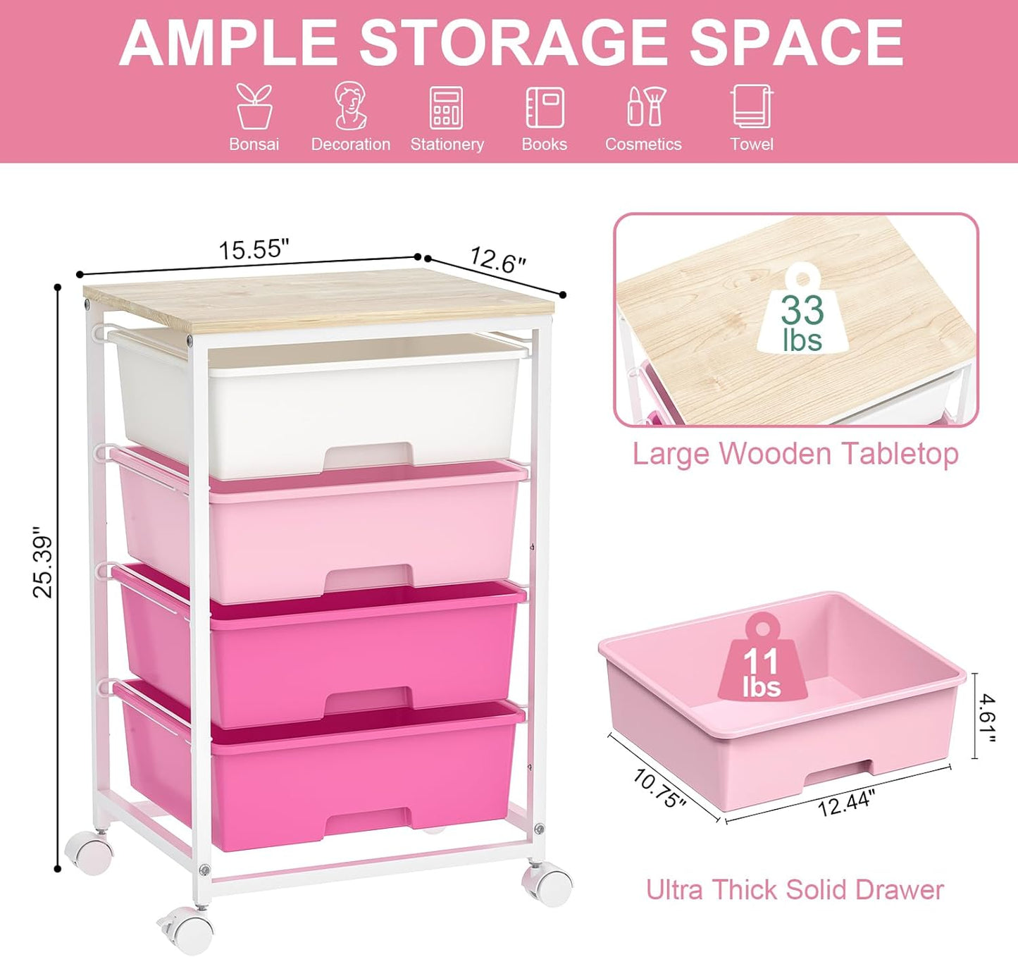 SYKIARIOL Utility-Rolling-Craft-Storage-Cart-Organizer with 4 Drawers and Wooden Tabletop, 4 Tier Drawer Cart for Home Office, Kid Room, Classroom Teacher, Dorm, Pink
