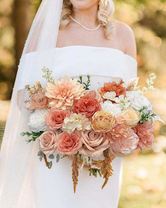 FACINOC Roses Artificial Flowers Orange Fake Flower with Stems for DIY Wedding Bouquets Bridal Baby Shower Centerpiece Table Decorations Silk Faux Floral Arrangements for Party Home Decor Indoor Peach