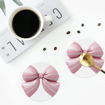 Light Pink Bow Balloon Candy Stripe Pattern Drinks Coasters Set of 4 Leather Drink Coasters for Tabletop Protection Heat Resistant Bar Cup Mat Pad