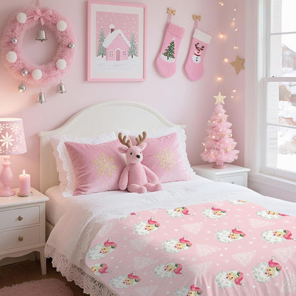 Christmas Santa Claus Throw Blankets, Xmas Tree Soft Anti Pilling Flannel Blanket, Winter Snowflake Decorative Lightweight Pink Blanket, 30x40 Inches Sofa Fleece Blanket