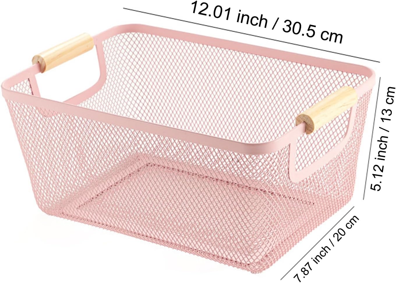 AJIODA Metal Mesh Steel Basket, Medium Wire Storage Organizer Basket Multi-function Hanging Kitchen Basket with Wood Handle for Kitchen Bathroom Picnic Home, Rectangle-Pink