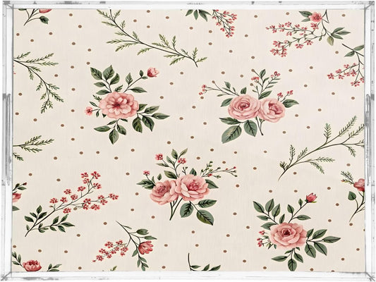 Vintage Floral Pink Serving Tray 12" x 16" Acrylic Trays with Handles Decorative Serving Platter for Coffee, Breakfast in Bed, Dinner, Appetizers, Patio, Party