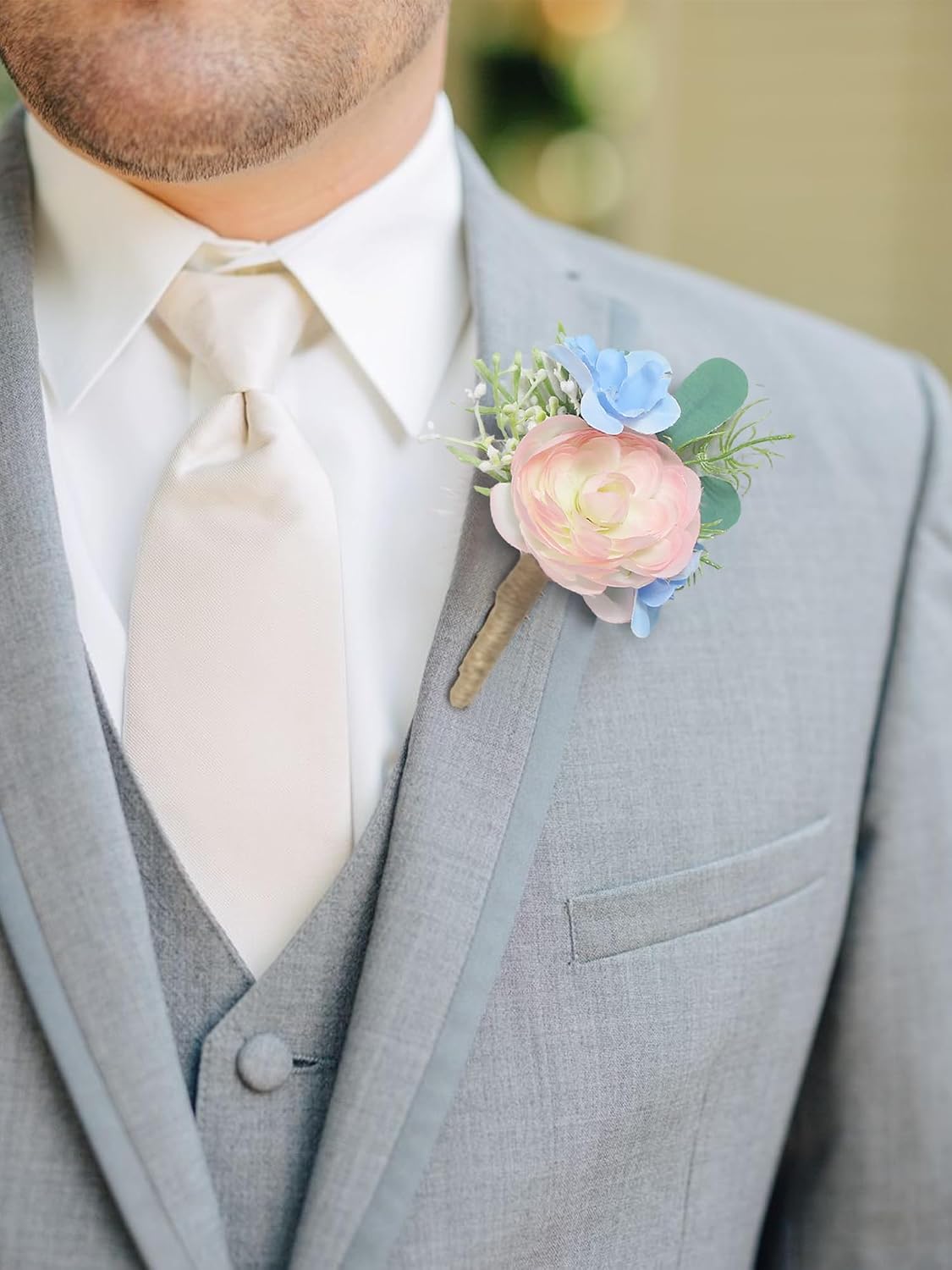 Rinlong 2Pcs Pink Blue Boutonnieres with Pins for Men, Groom, Groomsmen | Wedding, Prom, Homecoming