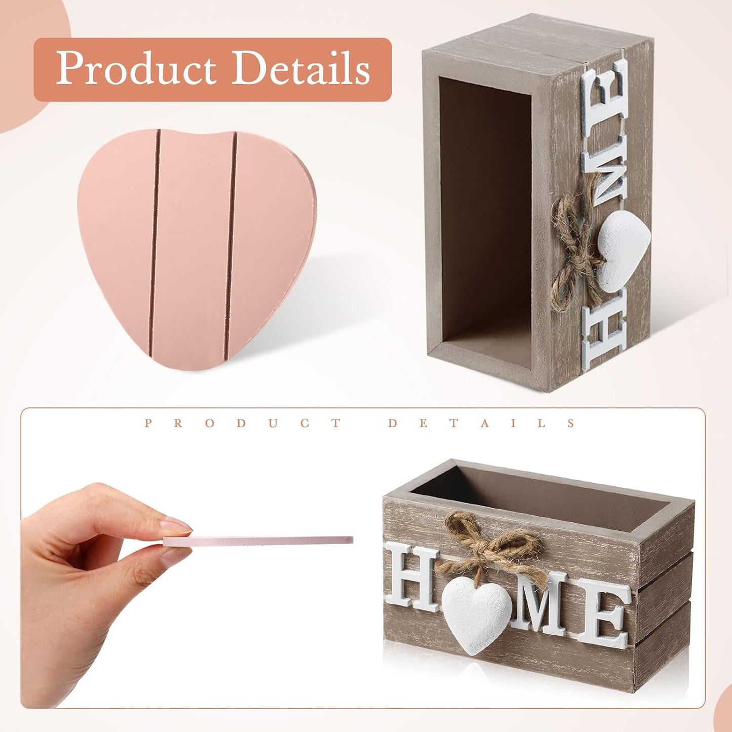 Patelai Set of 6 Wooden Heart Coasters House Warming Gifts New Home White Elephant Gifts for Adults Funny Farmhouse Coasters with Holder for Coffee Table Protection Decoration(Home,Warm Pink)