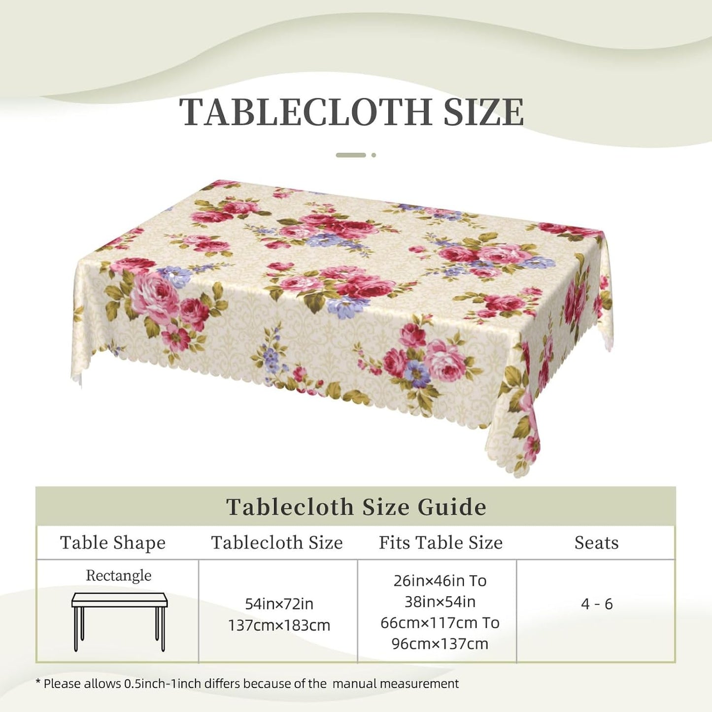 Rose Pattern Tablecloth 54x72 Inches, Pink Floral Rectangular Polyester Table Cover with Wave Lace, Washable Dining Table Cloth for Kitchen, Party, Outdoor