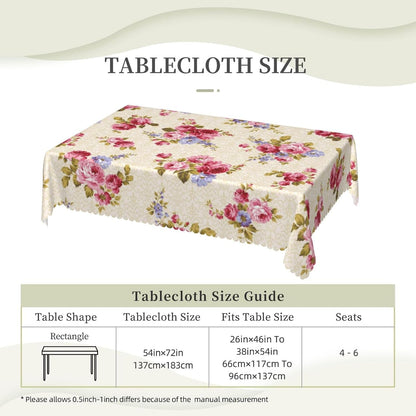 Rose Pattern Tablecloth 54x72 Inches, Pink Floral Rectangular Polyester Table Cover with Wave Lace, Washable Dining Table Cloth for Kitchen, Party, Outdoor