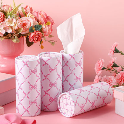 Faccito 4 Pack Car Tissue Holder with 50 3-ply Facial Tissues Bulk Pink Bow Cylinder Container Refill Box Round Portable Travel Tissue Dispenser Coquette Decor for Car Cup Holder Home Office Party