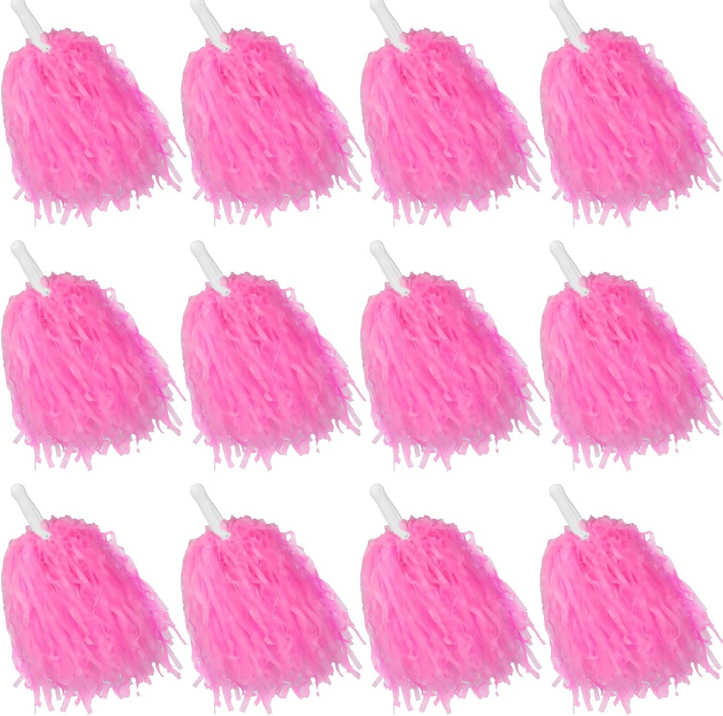 12 Pcs Pink Cheerleading Pom Poms - School Spirit Shakers Metallic Foil Cheering Pompoms Cheer Pom with Baton Handle Plastic Squad for Adults Team Spirit Sports Party Cheering (12, Pink)