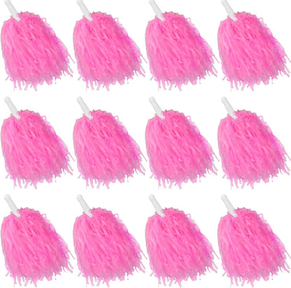 12 Pcs Pink Cheerleading Pom Poms - School Spirit Shakers Metallic Foil Cheering Pompoms Cheer Pom with Baton Handle Plastic Squad for Adults Team Spirit Sports Party Cheering (12, Pink)