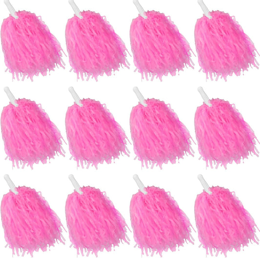 12 Pcs Pink Cheerleading Pom Poms - School Spirit Shakers Metallic Foil Cheering Pompoms Cheer Pom with Baton Handle Plastic Squad for Adults Team Spirit Sports Party Cheering (12, Pink)