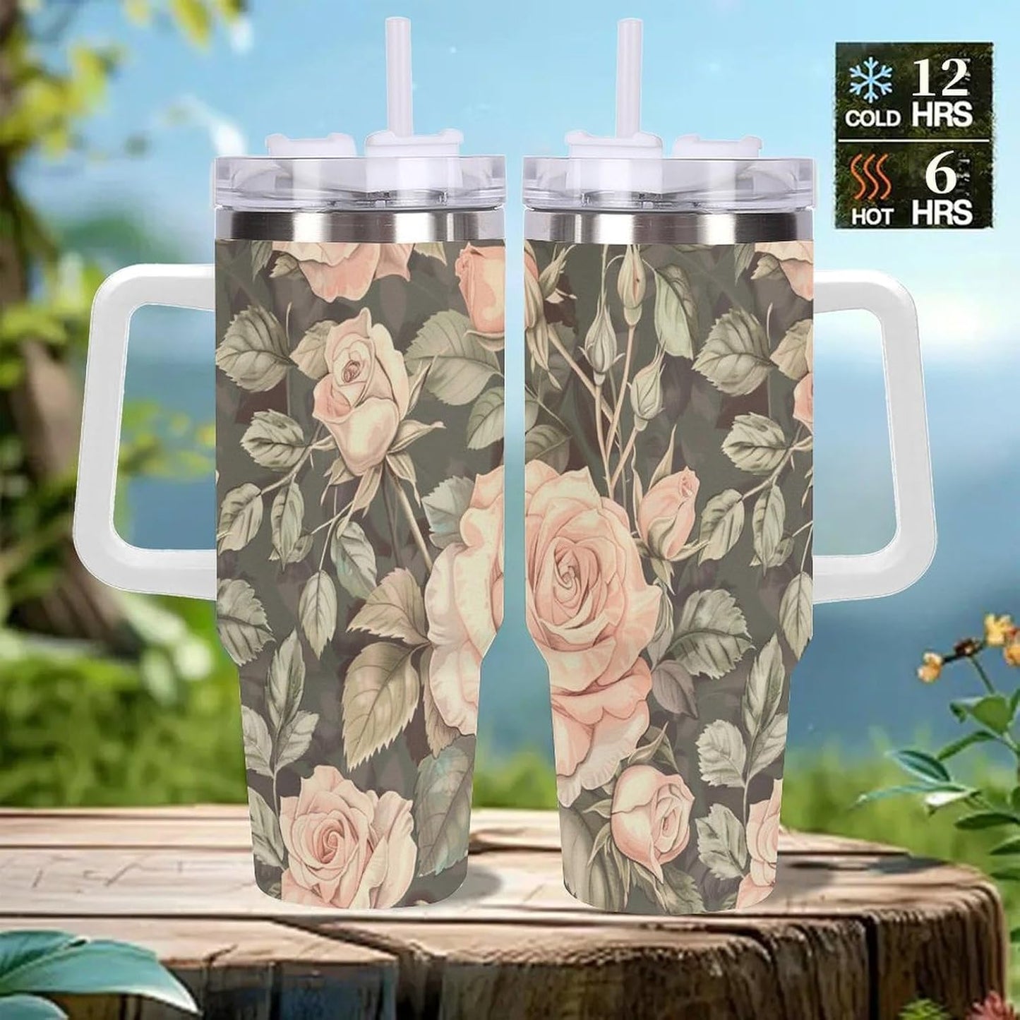 40oz Tumbler with Handle, Peach Roses Green Leaves Pattern Printed Stainless Steel Travel Mug, Insulated Car Cup with Straw, Keeps Drinks Hot & Cold, Personalized Gift for Women & Men