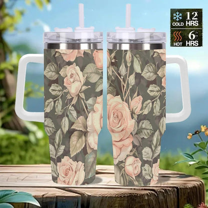 40oz Tumbler with Handle, Peach Roses Green Leaves Pattern Printed Stainless Steel Travel Mug, Insulated Car Cup with Straw, Keeps Drinks Hot & Cold, Personalized Gift for Women & Men