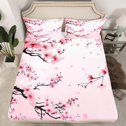 Homewish Cherry Bloosom Bedsheets Queen Size 4 Pcs,Pink Petal Spring Flowers Bedding Set for Girls Women Adults,Dreamy Wild Peach Blossom Sheet Set with Flat,Fitted Sheet,2 Pillowcases