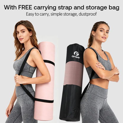 Gruper Yoga Mat Non Slip NBR Extra Thick Yoga Mat, 72"L x 32"/24"W x 0.6"/0.4"TH (185cm x 80cm/61cm x 15mm/10mm), Anti-Tear Exercise Mat with Carrying Strap and Bag, Workout Mats for Yoga, Pilates