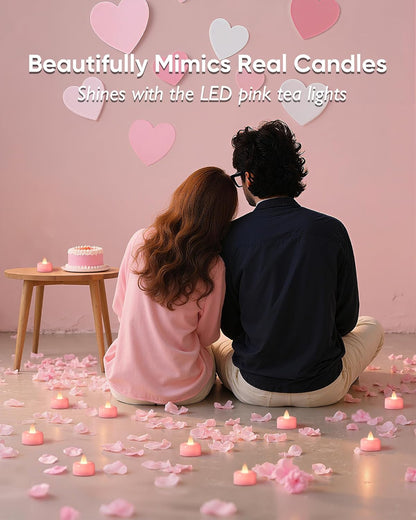 Amagic 12 Pack Pink Flameless LED Tea Lights Candles Battery Operated, Electric Fake Tealight Candles for Votive, Wedding, Table Centerpiece, Theme Party, Aniversary, Proposal, Christmas, Pink Base