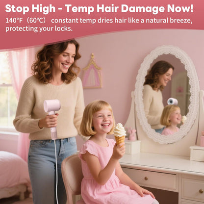 Hair Dryer, High-Speed Ionic Low Noise Blow Dryer with Brushless Motor for Fast Drying, Thermo-Control Quiet Compact Pink Hair Blow Dryers with Magnetic Diffuser for Curly Hair for Home Travel Salon