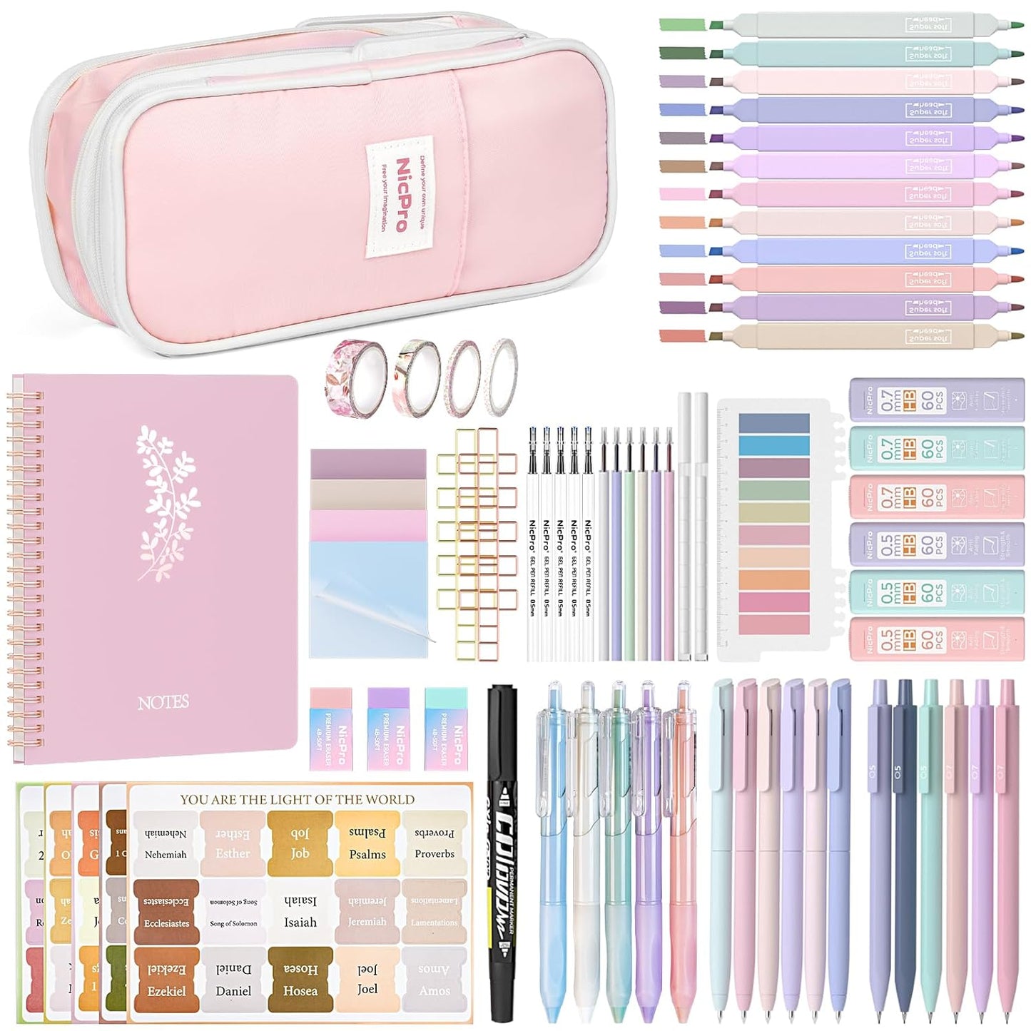 Nicpro Bible Journaling Kit, 76PCS Bible Study Supplies with Pen Case, Notes & Tabs, No Bleed Highlighter Pens, Bible Journal Accessories, Cute Spiral Notebook Stationary Set for Women Christian Gifts