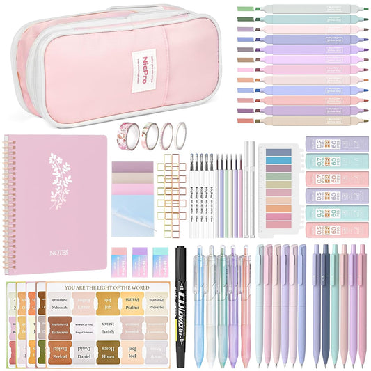 Nicpro Bible Journaling Kit, 76PCS Bible Study Supplies with Pen Case, Notes & Tabs, No Bleed Highlighter Pens, Bible Journal Accessories, Cute Spiral Notebook Stationary Set for Women Christian Gifts