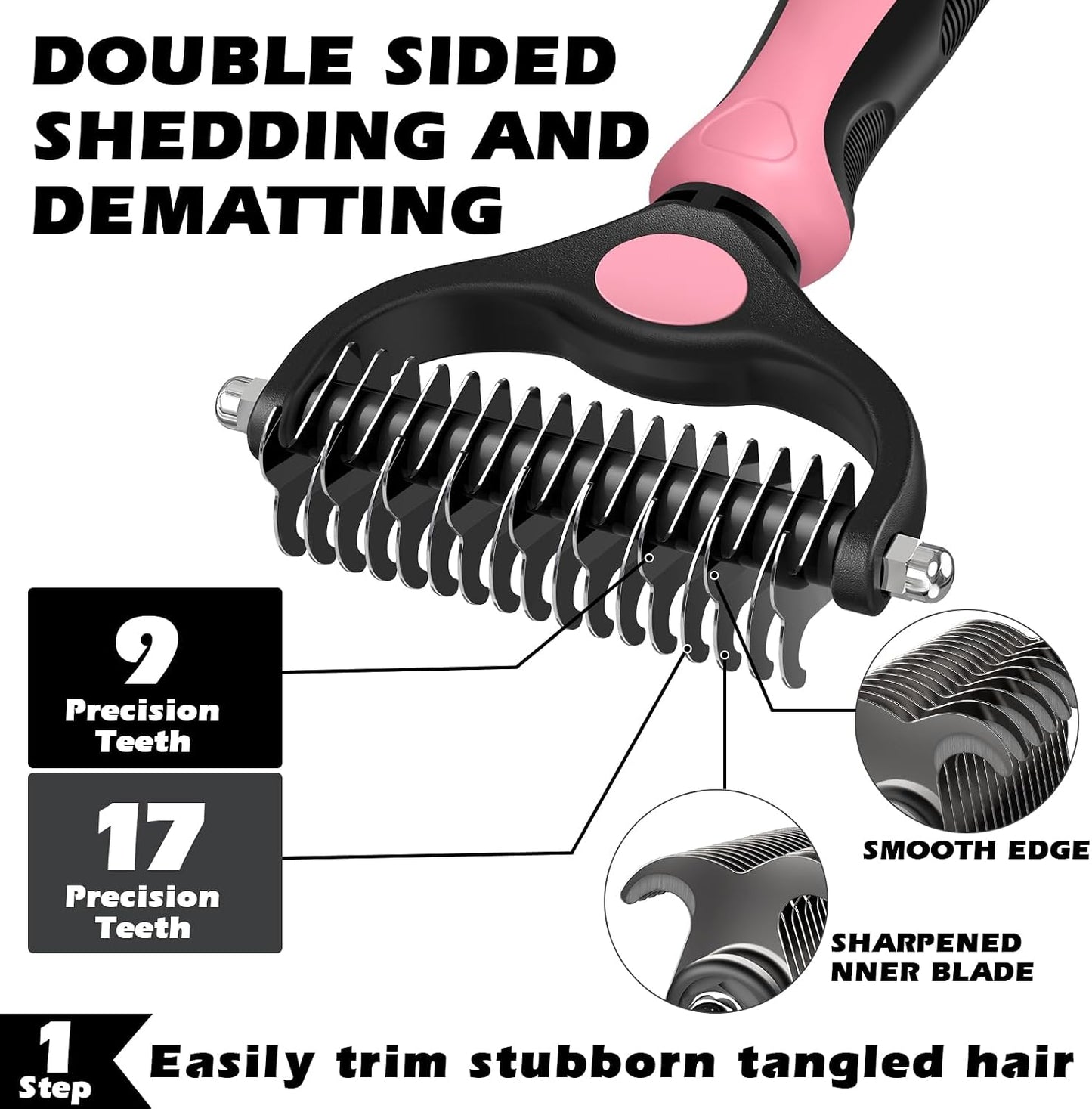 3PCS Self Cleaning Slicker Brush & Pet Grooming Rake & Flea Comb for Dogs,Cats and Horses | Double-Sided Dematting Comb & Skin Friendly Deshedding Grooming Tool | Pet Supplies (Light Pink)