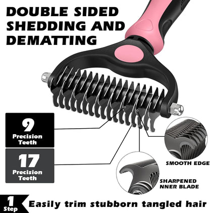 3PCS Self Cleaning Slicker Brush & Pet Grooming Rake & Flea Comb for Dogs,Cats and Horses | Double-Sided Dematting Comb & Skin Friendly Deshedding Grooming Tool | Pet Supplies (Light Pink)
