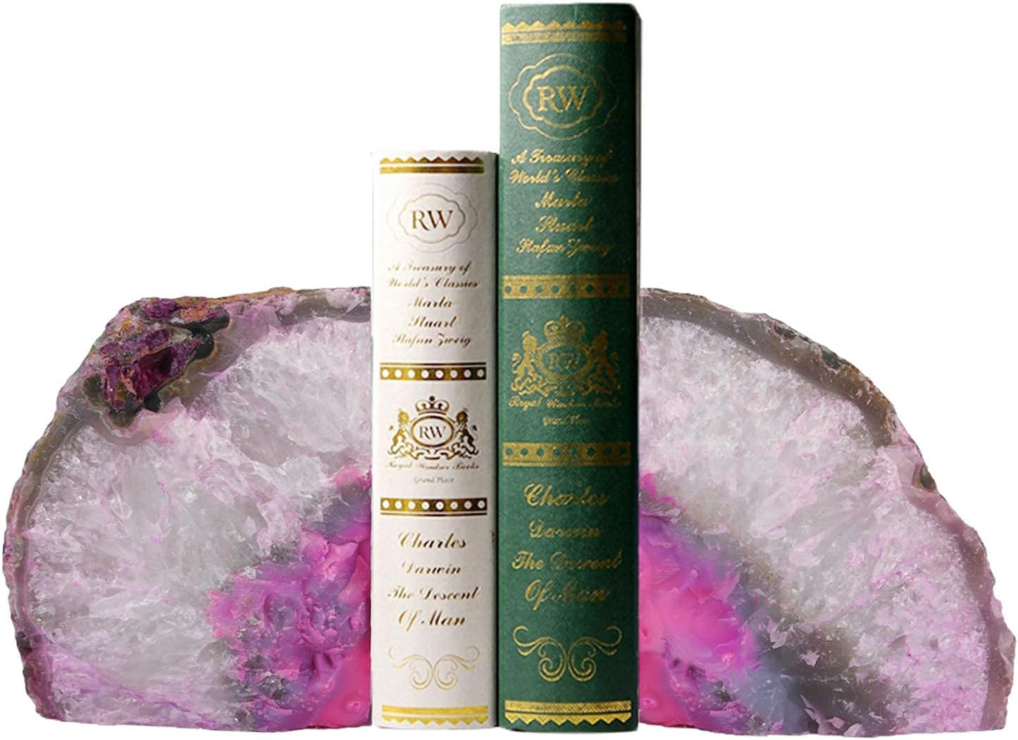 AMOYSTONE Pink Agate Bookends 1 Pair 2-3 Lbs Small Natural Crystal Book Stopper for Books CDs & DVDs
