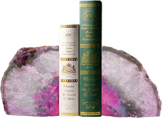 AMOYSTONE Pink Agate Bookends 1 Pair 2-3 Lbs Small Natural Crystal Book Stopper for Books CDs & DVDs