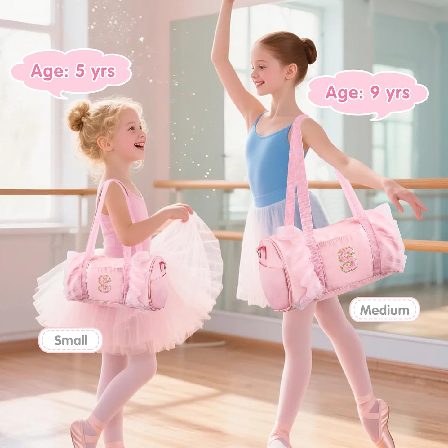 Personalized Initial Dance Bag for Girls 4-6, Small Lace Gym Sport Yoga Cheer Dance Bags Gift for Teen Girls, Cute Letter Kids Ballet Bag Toddler Travel Duffel Tote with Adjustable Straps(Pink-S)