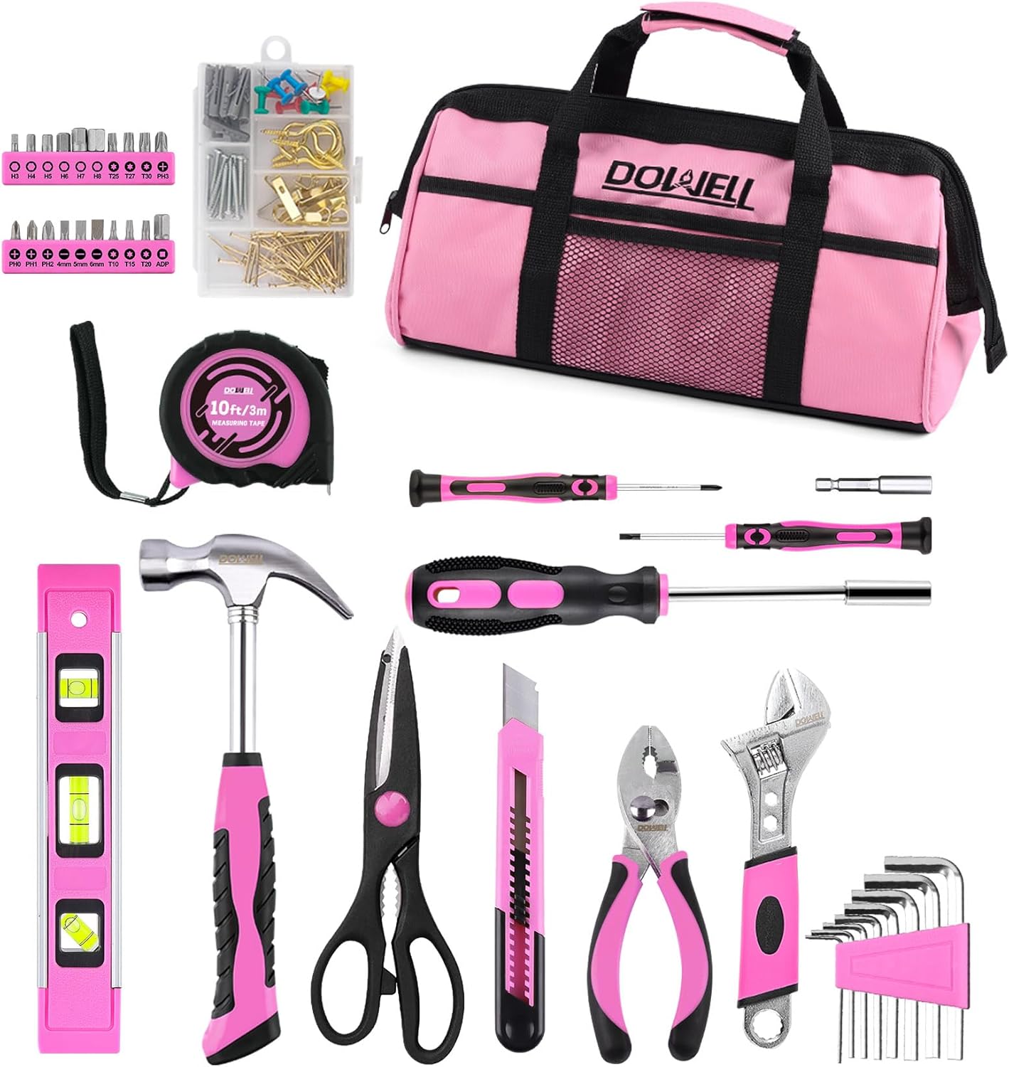 DOWELL 140PCS Pink Tool Kit for Women - Household Essential Tool Set with 14” Storage Bag